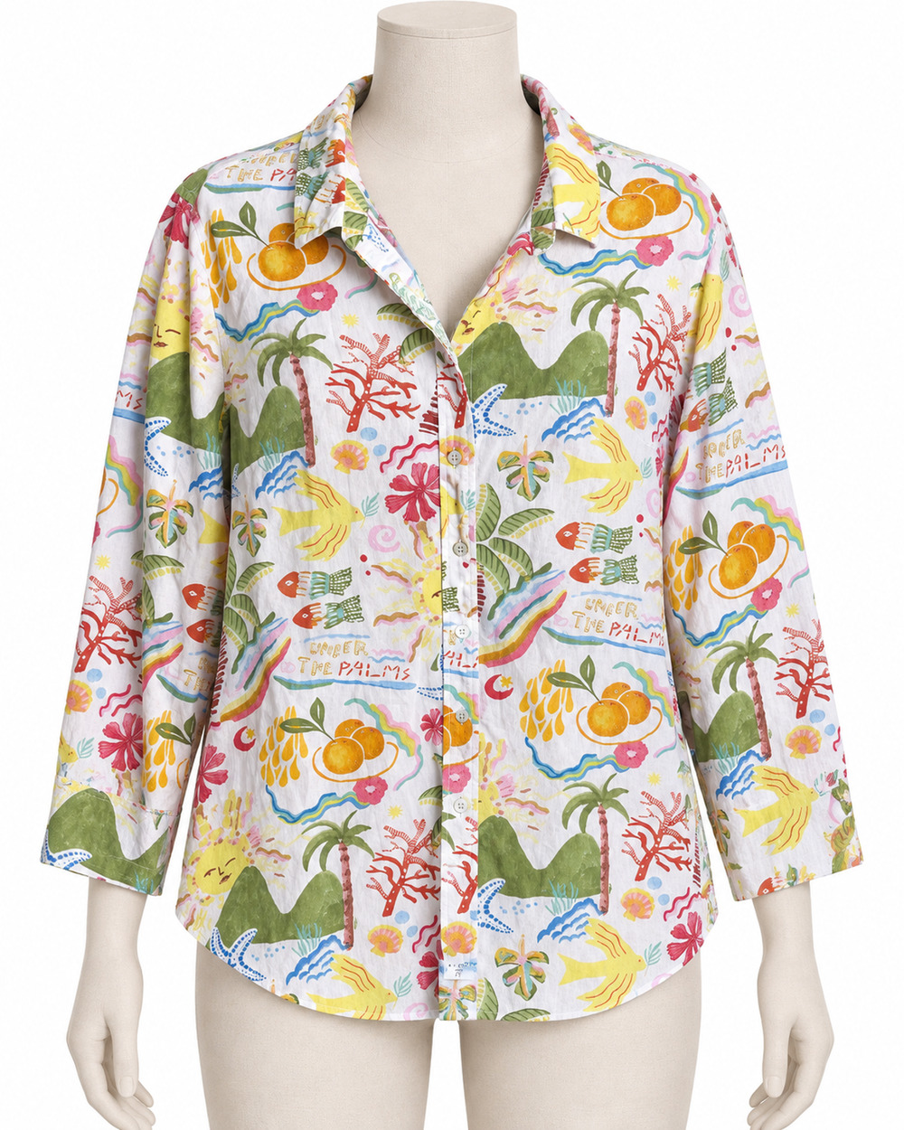Vintage Calypso Shirt Women XL Linen Blend All Over Print Beachy Tropical Travel